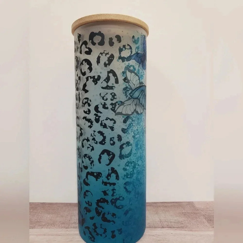 Butterfly leopard print ombre‎ frosted glass tumbler with lid and straw